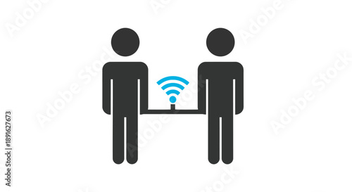 Silhouetted figures connecting through a large wireless network symbol illustrating digital communication and internet connectivity