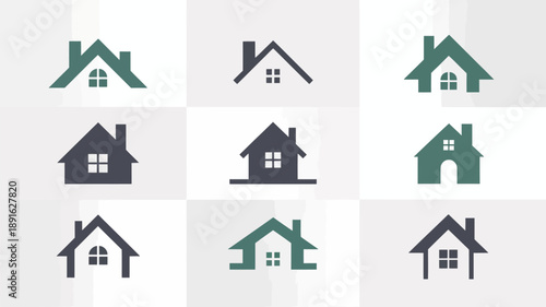 A collection of minimalist house icons in varying shades of gray and dark green are displayed on a light gray background high quality professional detailed modern