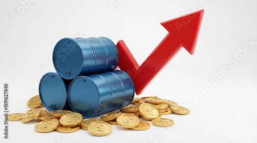 Blue Oil Barrels with Gold Coins and Rising Arrow Signifying Market Growth and Demand