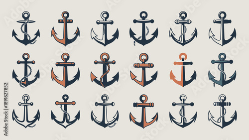 A collection of nine vintage style nautical anchors featuring varying designs and color schemes arranged in a symmetrical grid pattern high quality professional detailed modern elegant