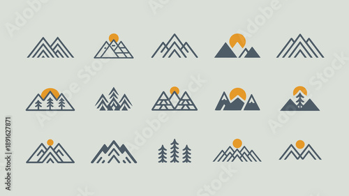 A collection of minimalist mountain icons and designs are displayed against a soft muted gray background evoking a sense of outdoor adventure high quality professional detailed