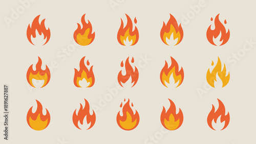 A collection of six stylized orange and yellow flame icons are displayed against a pale beige background showcasing variations in shape high quality professional detailed modern
