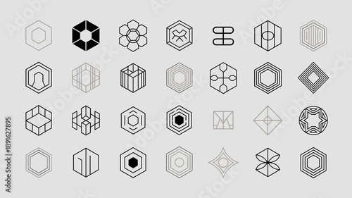 Arrangement of nine geometric icons depicting variations of hexagonal and cubic forms in minimalist black and white lines high quality professional detailed modern elegant stylish clean