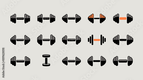 A minimalist gray toned illustration depicts a repeating pattern of dumbbells and a single weight plate suggesting fitness and exercise themes high quality professional detailed modern