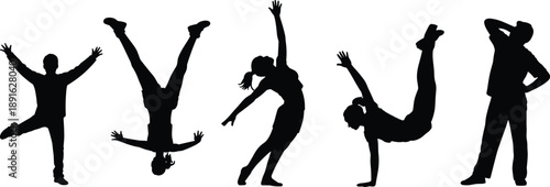 Five Black Silhouettes of People in Active and Athletic Poses on White Background Keywords: silhouette, people, gymnastics