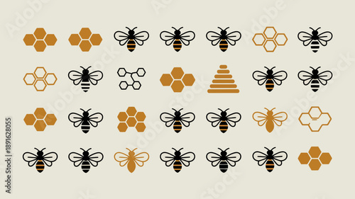 A repeating pattern displays stylized honeycombs and bees in varying shades of gold and black against a neutral background high quality professional detailed modern elegant stylish