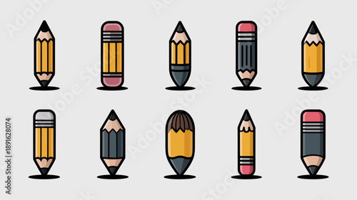 A collection of four pencil illustrations displays varying stages of use from sharp to dull with distinct color schemes high quality professional detailed modern elegant stylish