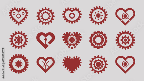 A repeating pattern showcases red gears and hearts some with internal mechanisms against a light gray background high quality professional detailed modern elegant stylish clean crisp