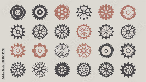 An arrangement of nine vintage style gears in varying shades of black and reddish brown against a light gray background high quality professional detailed modern elegant