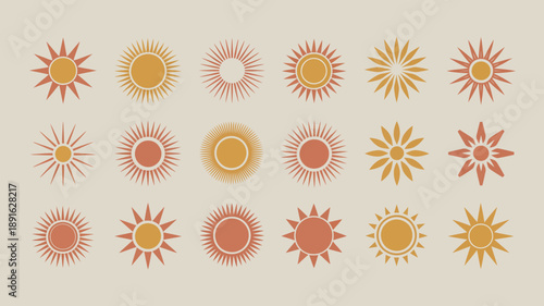 A collection of nine stylized sun illustrations in varying shades of orange and yellow against a muted beige backdrop high quality professional detailed modern elegant stylish