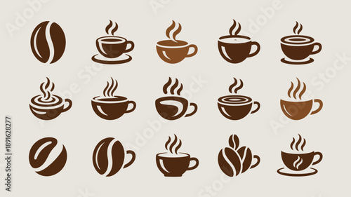 A collection of simple brown coffee bean and cup icons are displayed against a light beige background creating a warm aesthetic high quality professional detailed modern