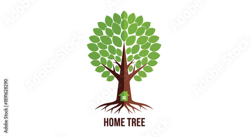 Artistic illustration of a majestic tree with a cozy house nestled in its trunk symbolizing nature and home harmony