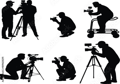Silhouettes of people operating cameras on tripods and dollies filming recording