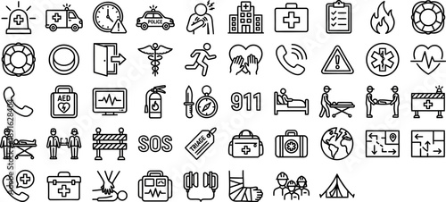 Emergency and First Aid Line Icon Set – Medical Rescue, Disaster Response and Safety Vector
