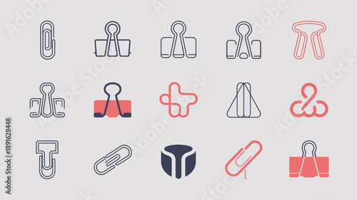 A collection of various office paper clips is displayed against a light gray background showcasing different designs and shapes high quality professional detailed modern elegant stylish