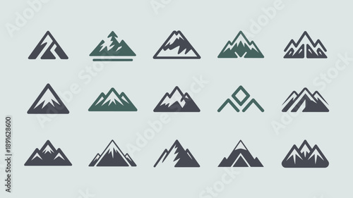 A collection of minimalistic mountain range icons is displayed in varying shades of green and black against a light gray background high quality professional detailed modern