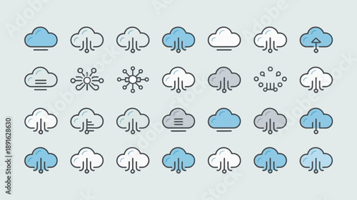 A collection of nine weather icons is displayed against a pale blue background showcasing various atmospheric conditions and precipitation types high quality professional detailed modern elegant