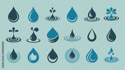 A collection of stylized water droplet and sprout icons is displayed against a light blue background representing growth and purity high quality professional detailed modern elegant