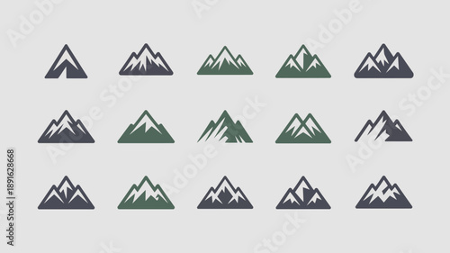 A minimalist graphic displays a repeating pattern of mountain icons in varying shades of grey and green arranged in a grid like formation high quality professional