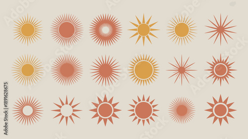 An abstract arrangement displays nine sun like shapes in varying sizes and shades of orange and yellow set against a neutral background high quality professional detailed
