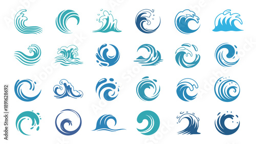 A collection of stylized teal and blue wave designs are arranged in a grid showcasing various swirling and curling water forms high quality professional detailed modern
