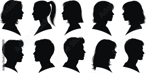 Black silhouettes of people with different hairstyles silhouettes, people, black, white background, hairstyles, profile, faces, heads, human, side view, kids, adults, men, women, short hair, long hair