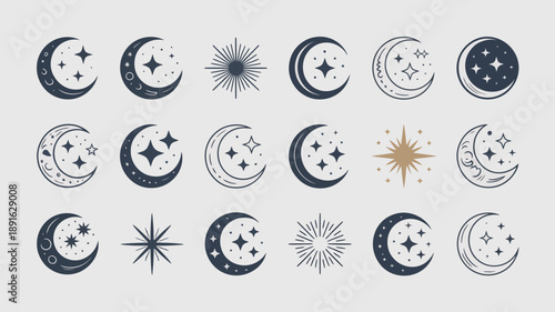 A collection of celestial designs showcasing various phases of the moon stars and sunbursts in a minimalist style high quality professional detailed modern elegant stylish clean