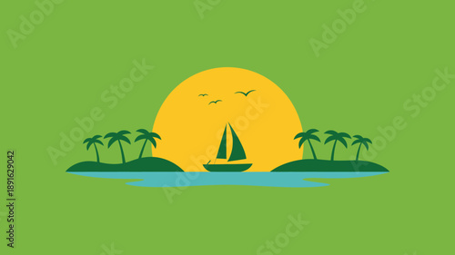 Sailboat sailing at sunset or sunrise between tropical islands with palm trees, minimalist style
