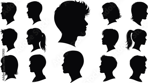 Black silhouettes of people with different hairstyles silhouettes, people, heads, profiles, hairstyles, black, white background, children, adults, short hair, long hair, ponytails, different, various,
