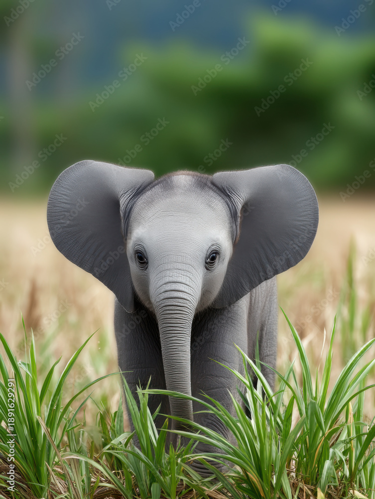 Naklejka premium Baby elephant field grass nature wildlife young animal outdoors cute big ears standing green mammal safari natural habitat peaceful trunk wild