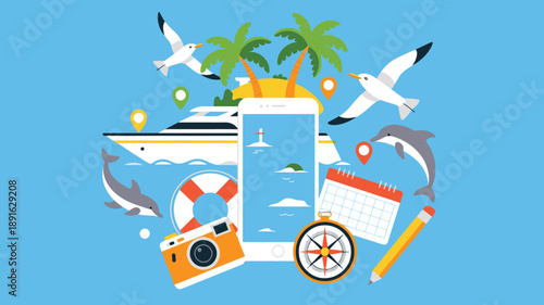 Smartphone displaying island destination with travel objects, tourism planning, vacation app illustration
