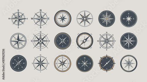 A collection of nine compass rose illustrations are displayed against a light gray background showing variations in style and detail high quality professional detailed modern elegant