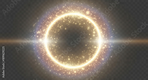 Vibrant glowing ring of light with starry texture on dark background with radiant beams