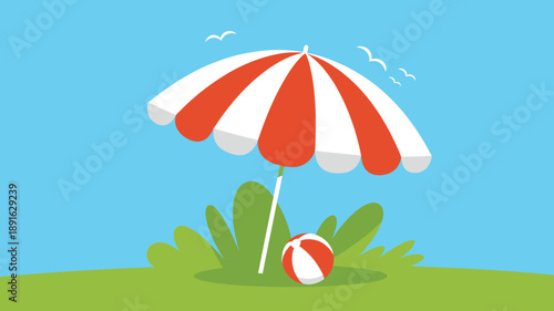 Striped beach umbrella shading green grass with beach ball under clear blue sky, leisure activity