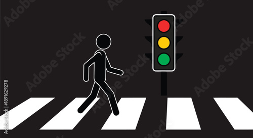 Minimalist pedestrian crossing illustration with traffic light signals in red, yellow, and green on dark theme