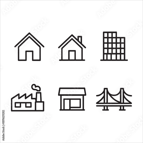 Building and real estate thin line icon set bundle. Vector graphics includes house, home, office, factory, store, bridge, Editable stroke outline icons.