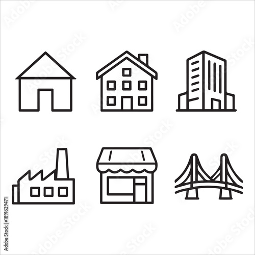 Building and real estate thin line icon set bundle. Vector graphics includes house, home, office, factory, store, bridge, Editable stroke outline icons.