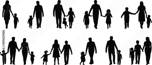 Multiple silhouette families walking and holding hands on white background family silhouettes