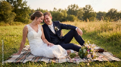 Happy couple sitting on blanket in field during wedding celebration  