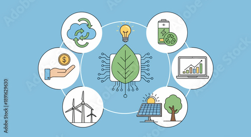 Conceptual illustration of sustainable energy and environmental conservation with icons.