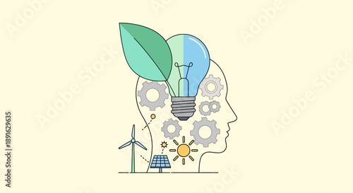 Conceptual illustration of sustainable energy and innovation inside human mind.