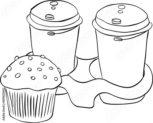 Coffee takeaway and delicious muffins on tray on white background composition hand drawn illustration. Vector graphic line ink Black and white art. Design for package, cosmetic, textile, cards.