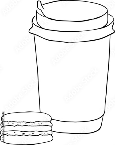 cup of coffee with macaron icon vector macaroons sign composition hand drawn illustration. Vector graphic line ink Black and white art. For logo, web, package, sticker.
