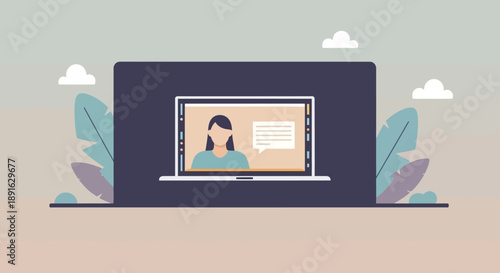 Online video call with a woman on laptop screen in a modern flat design style.