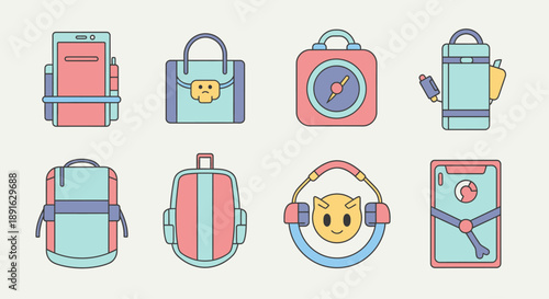 Collection of colorful travel and adventure gear icons in flat design style.