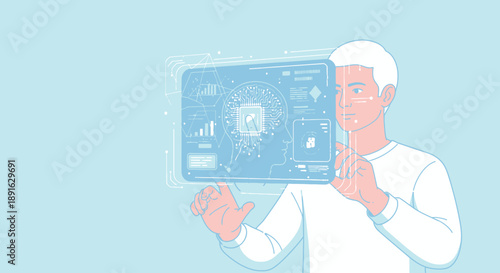 Young man interacting with futuristic digital interface technology.