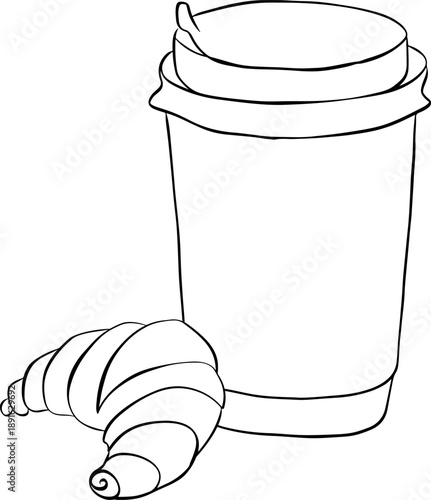 American croissant with coffee. Price tag or poster design. Set of vector illustrations. Typography. painting composition hand drawn illustration. Vector graphic line ink Black and white art.
