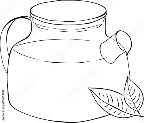 Green tea ceremony elements including a teapot whisk powder and prepared tea. composition hand drawn illustration. Vector graphic line Black and white ink art.