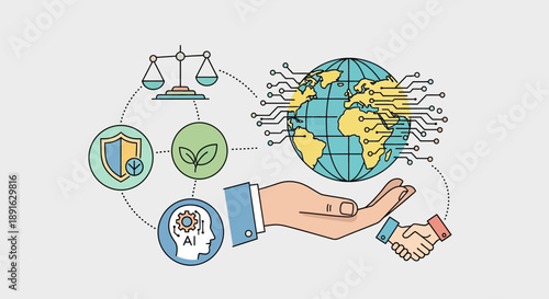 Hand holding globe with digital connections and icons representing sustainability and technology.
