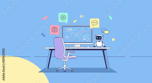 Illustration of a robot working on artificial intelligence programming at a computer desk.